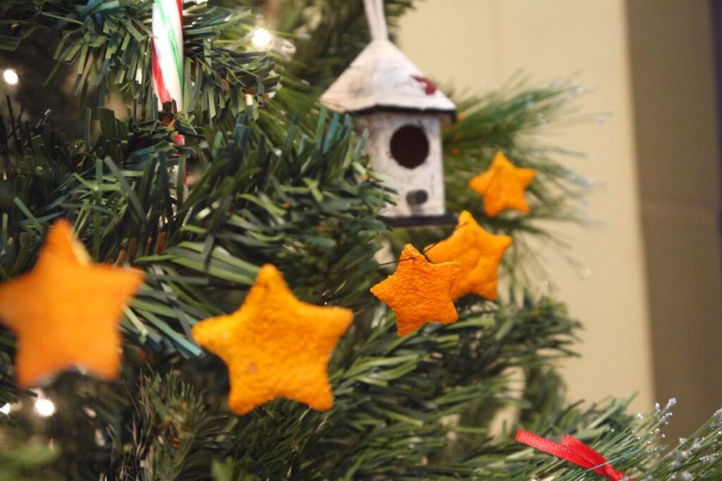 orange peel stars on the Christmas tree with bird house ornament