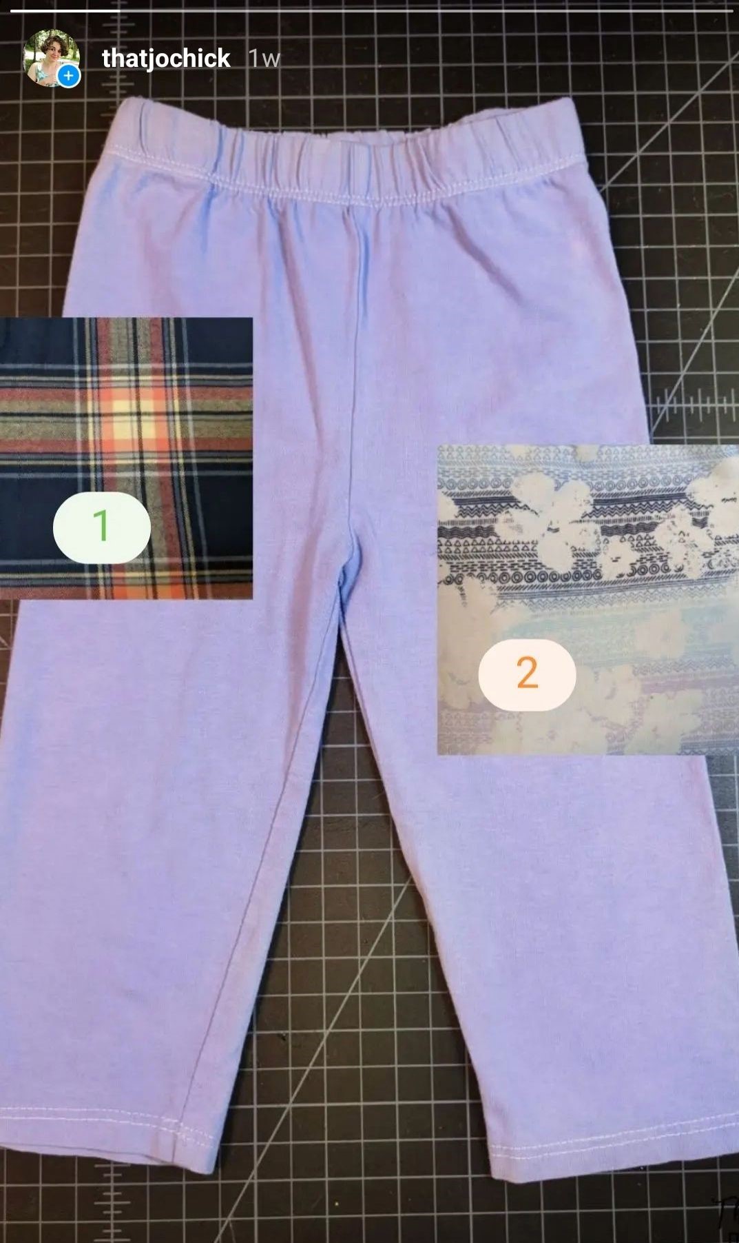 lavender purple baby pants with 2 print choices beside it. 1: pink purple and blue plaid 2: purple blue and white floral